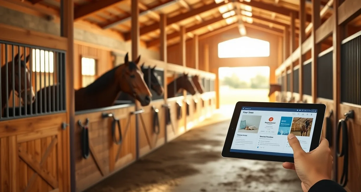 Modern horse barn management software interface displayed in a clean Minneapolis equestrian facility with organized stalls and equipment.