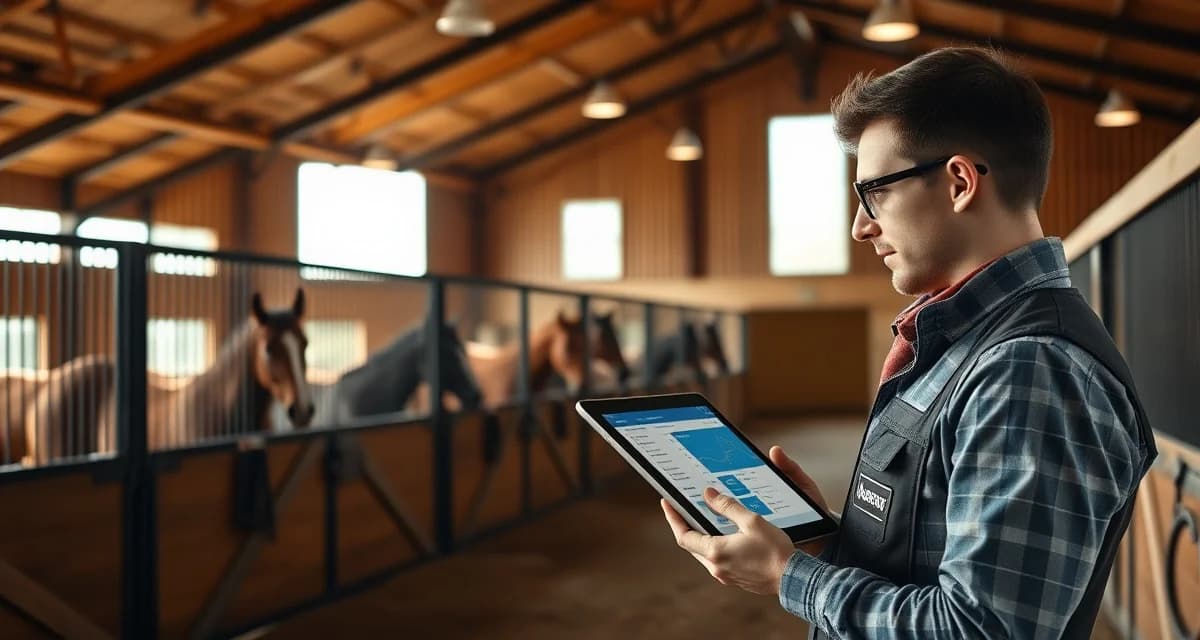 Modern barn management software interface displayed in a New York equestrian facility with organized horse stalls and professional barn operations