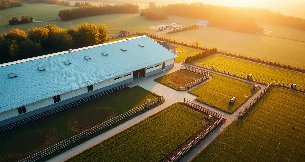 Modern horse barn facility with organized paddocks demonstrating professional barn management in New Jersey equestrian country.