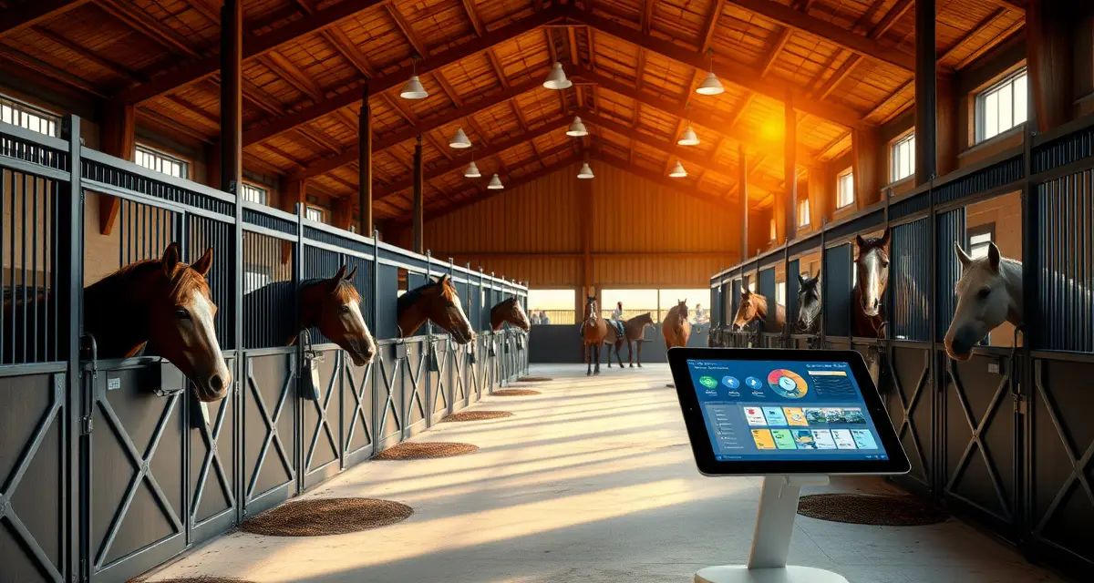 Modern horse barn with digital management software interface displayed on tablet for Oklahoma City equestrian operations