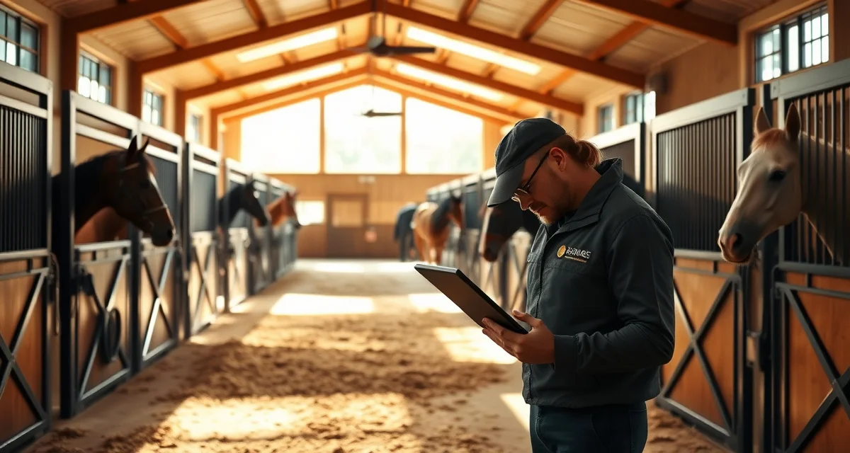 Modern horse barn interior with organized stalls and digital barn management software displayed on tablet for Omaha Nebraska equestrian facilities.