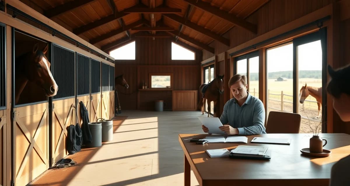 Barn manager using tablet software to organize horse records and schedules at an Oregon equestrian facility with modern stalls visible