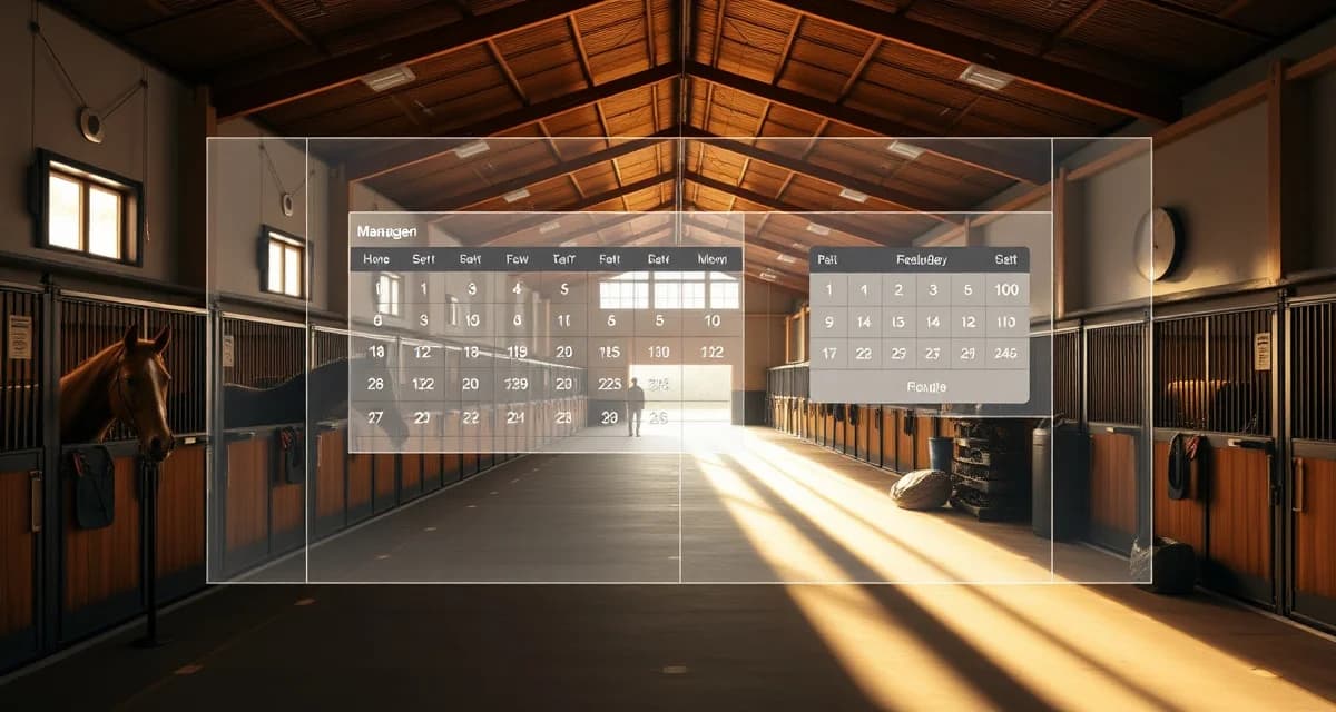 Modern horse barn facility in Orlando Florida with organized stalls and digital management system interface overlay for stable operations