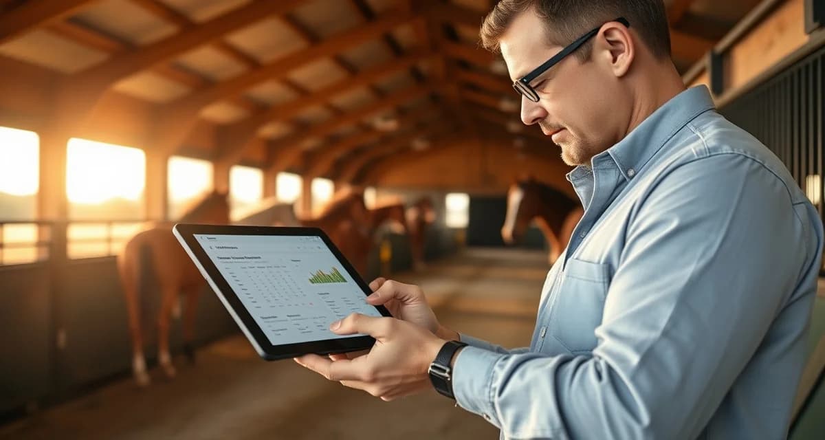 Horse facility manager using barn management software on tablet to organize stable operations and boarder information