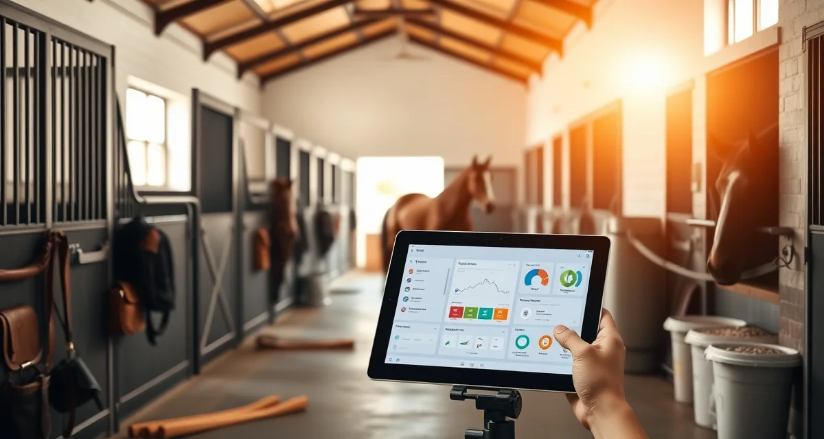 Modern horse barn interior showing organized stalls and digital barn management software interface on tablet for facility operations.