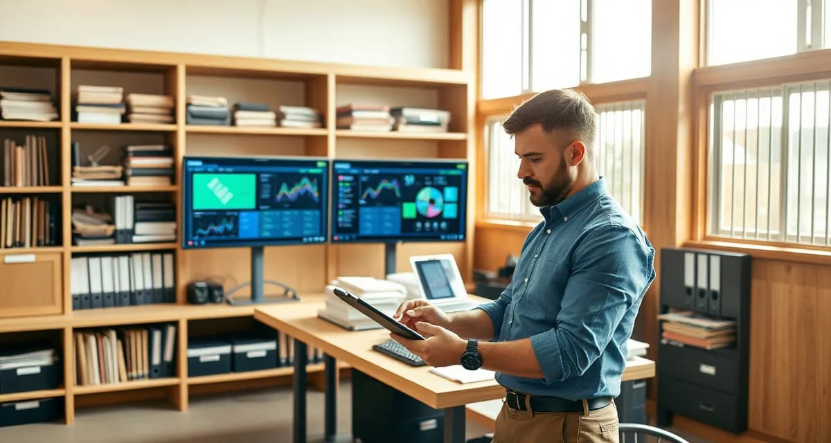 Barn manager reviewing ROI calculations and cost-benefit analysis for farm management software on digital dashboard
