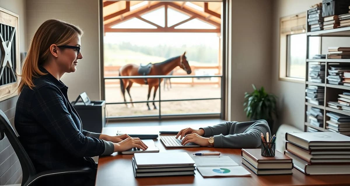 Equestrian manager using barn management software setup on tablet in organized horse stable facility