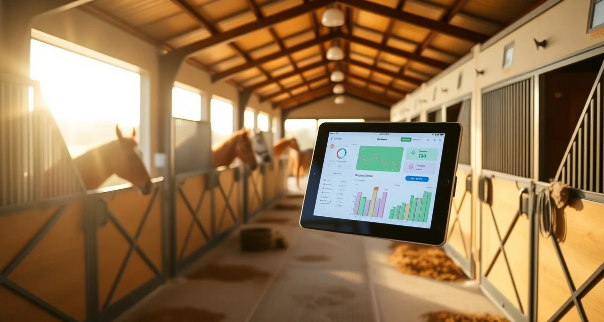 Modern barn management software interface displayed on tablet in organized horse stable facility in Tallahassee Florida