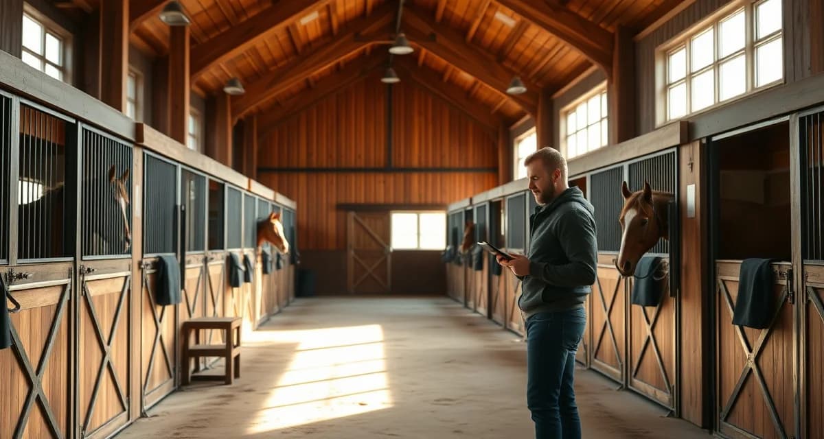 Modern horse barn management software dashboard displayed on tablet for Temecula equestrian facilities and boarding operations.