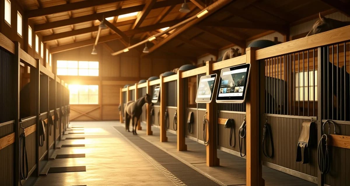 Modern horse barn management software interface displayed in Topeka Kansas equestrian facility with organized stalls and digital organization systems.