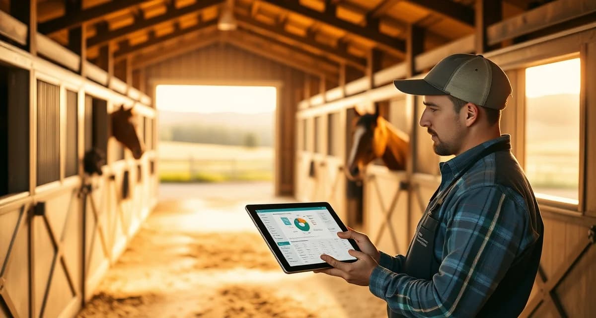 Modern barn management software displayed on tablet in West Virginia horse facility with organized stalls and digital record systems