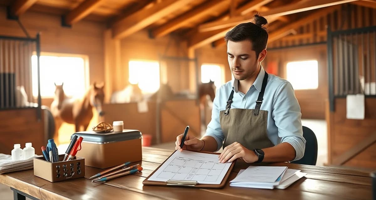 Organized barn management workspace showing scheduling tools and planning documents for first-time barn managers