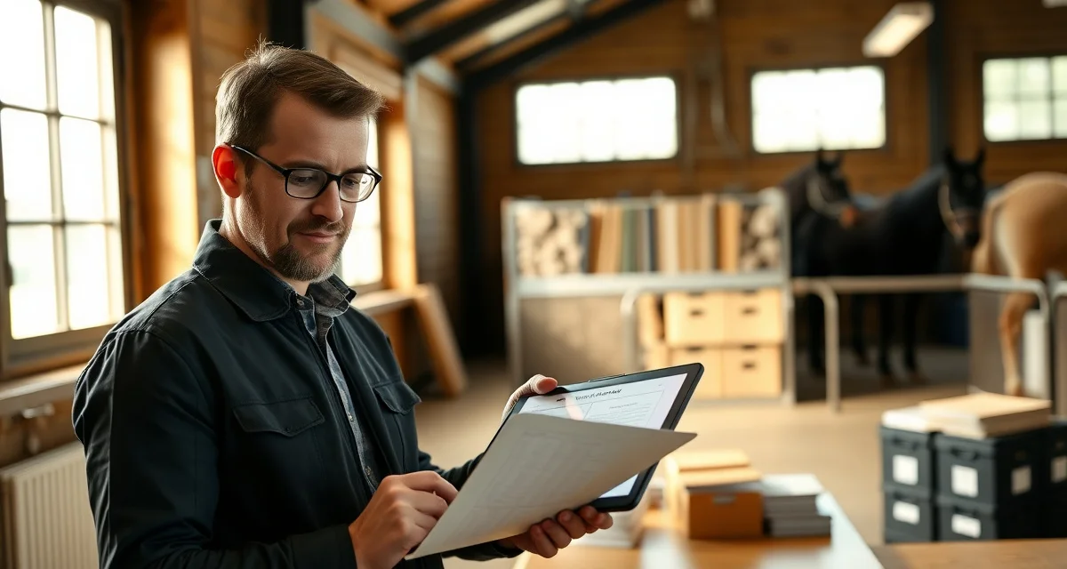 Barn manager reviewing decision logs and protocols on tablet in stable office with organized documentation systems