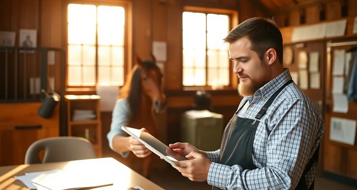 Barn manager and horse owner having a positive communication discussion in stable office with documentation