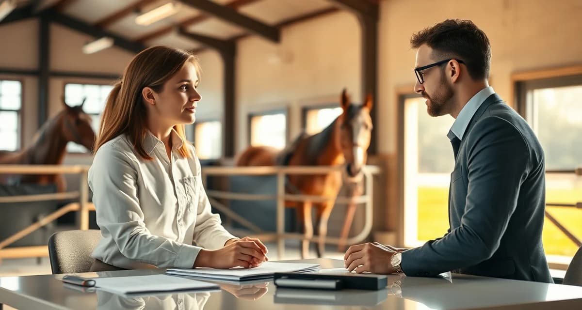 Barn manager discussing complaint resolution with horse owner in stable office setting, demonstrating effective communication practices.