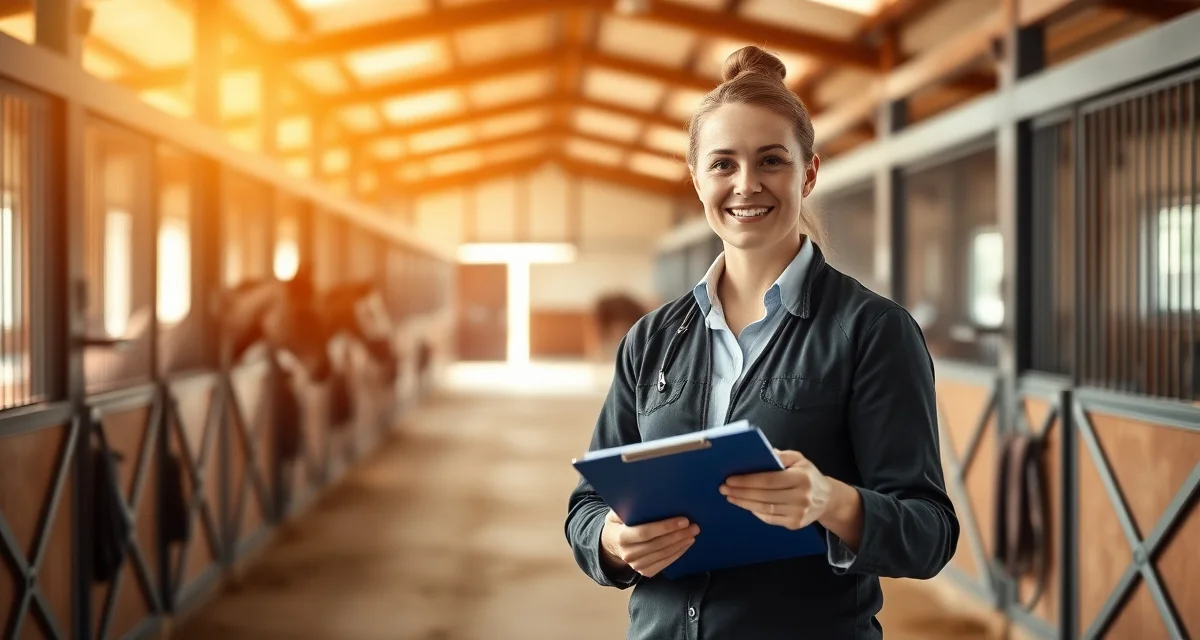 Experienced barn manager reviewing operations at an organized equestrian facility with professional horse care standards