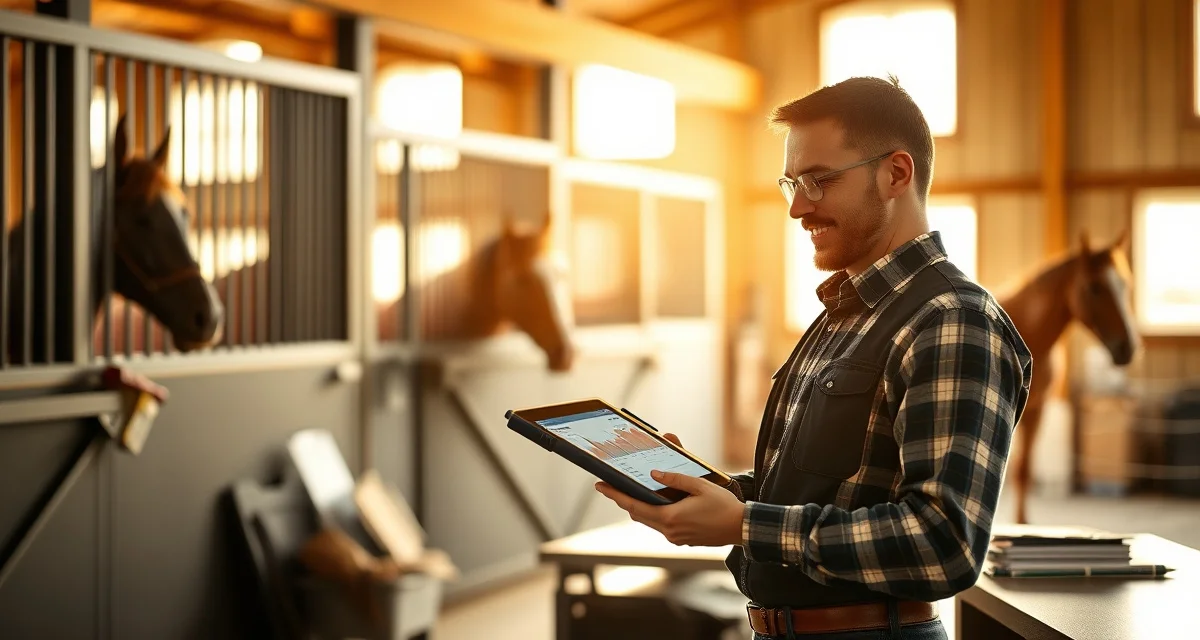 Barn manager reviewing equine facility management software on tablet in organized stable office with schedules and administrative tools