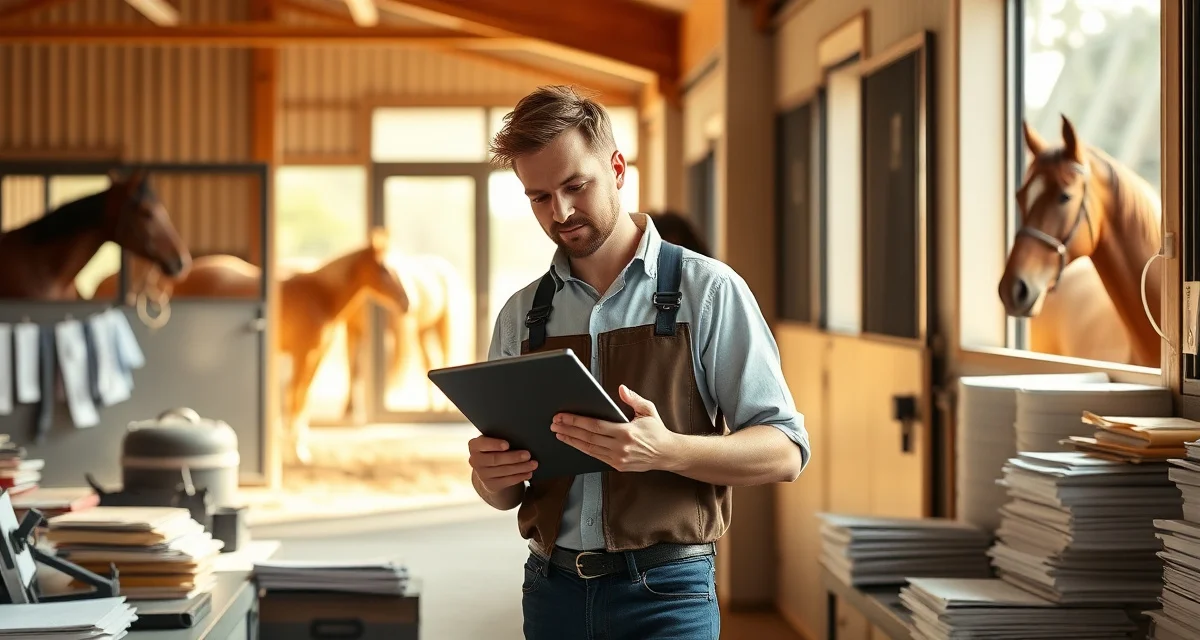 Barn manager using professional communication software to coordinate with horse owners on tablet in stable office