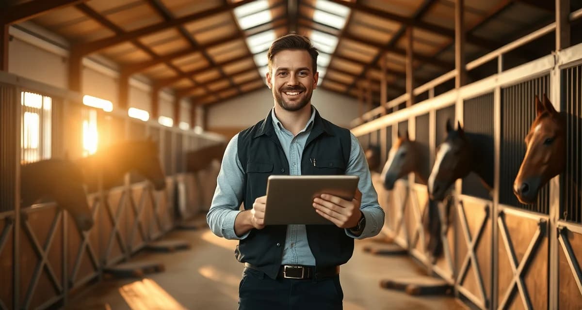 Barn manager reviewing compensation data and salary information on tablet in professional stable facility