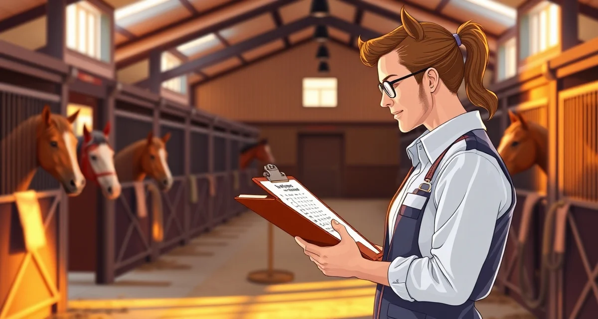 Barn manager reviewing shift schedule template on clipboard in organized equine facility, demonstrating handover communication system