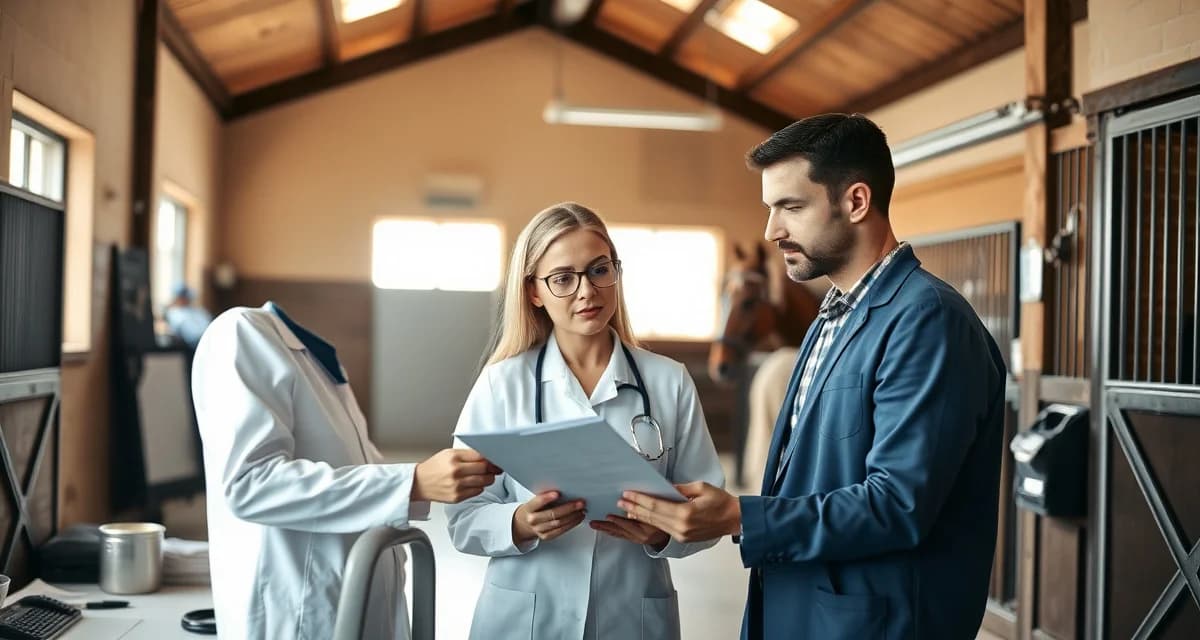 Barn manager and veterinarian discussing horse health records and vet communication protocols in equine stable management setting.