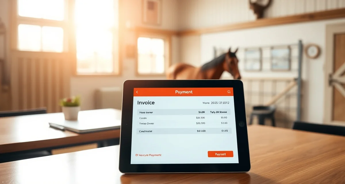 Digital payment interface for barn boarding management showing online invoice and payment options for horse owners