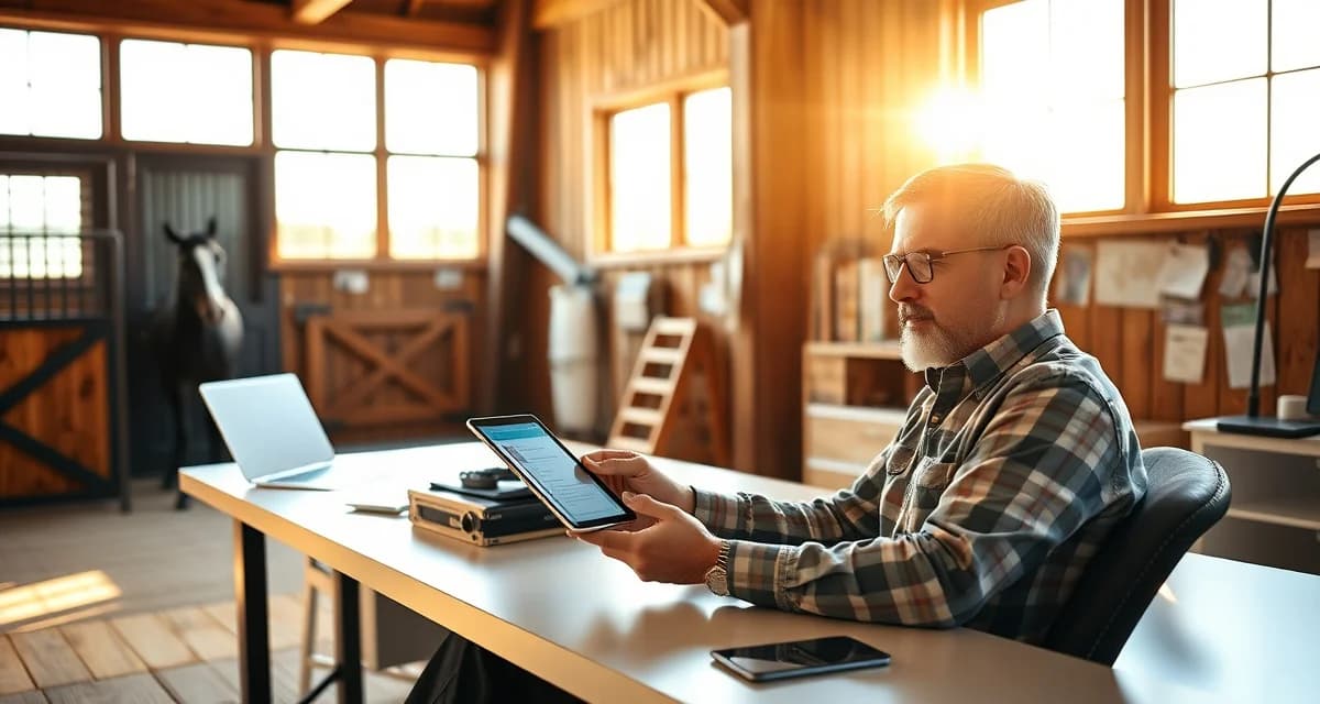 Barn manager using messaging system software to communicate with horse owners on tablet device