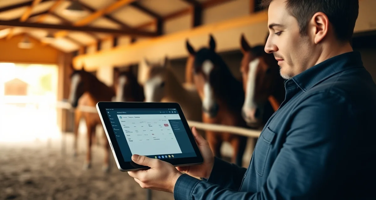Barn owner using management software portal on tablet to oversee stable operations and billing features