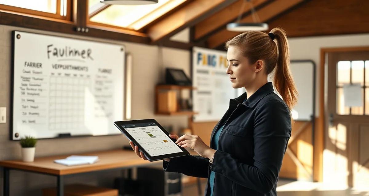 Barn manager using digital scheduling software to coordinate farrier visits, vet appointments, and facility maintenance on tablet