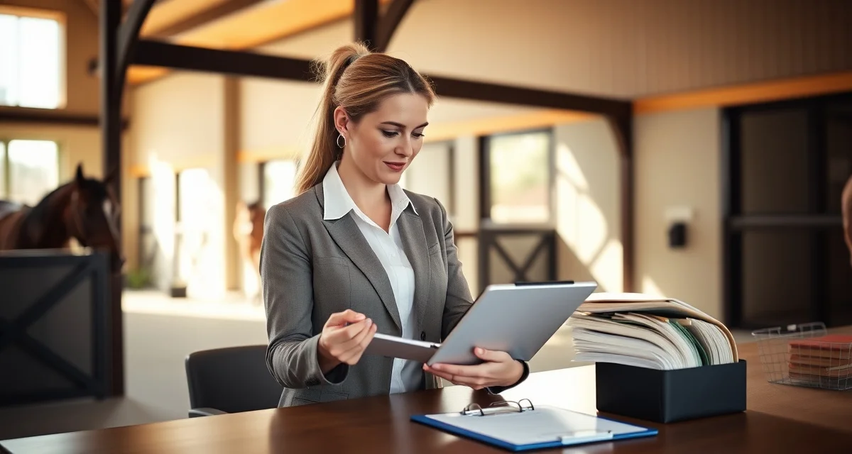 Barn manager reviewing digital shift handover template on tablet to track horse care tasks and medication schedules