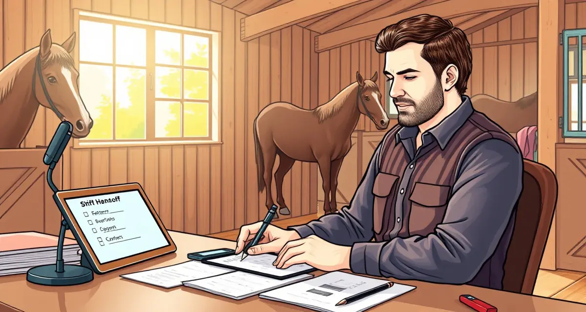 Horse barn manager reviewing shift handoff checklist with multiple staff members for effective barn operations