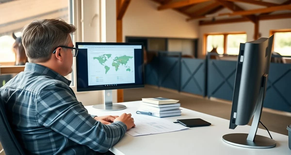 Barn manager reviewing data migration process for switching stable management software platforms safely and securely.