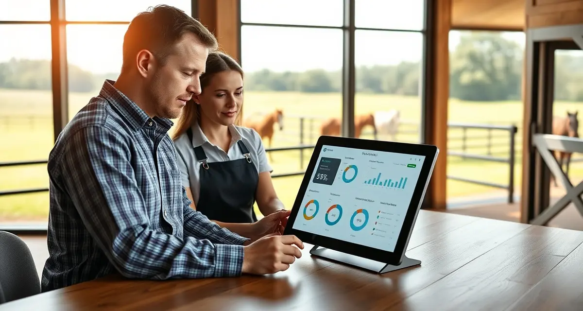 Farm manager and staff reviewing barn management software onboarding together on tablet in stable office environment