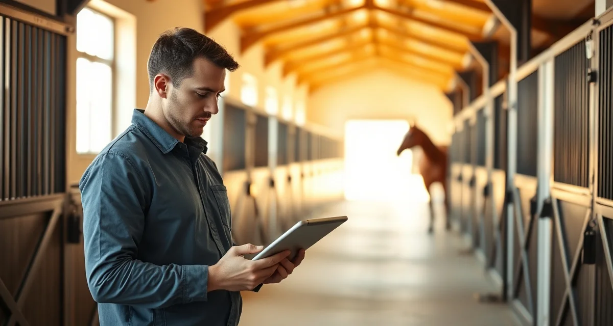 Barn manager reviewing horse care logs on tablet in stable facility with organized digital record-keeping system