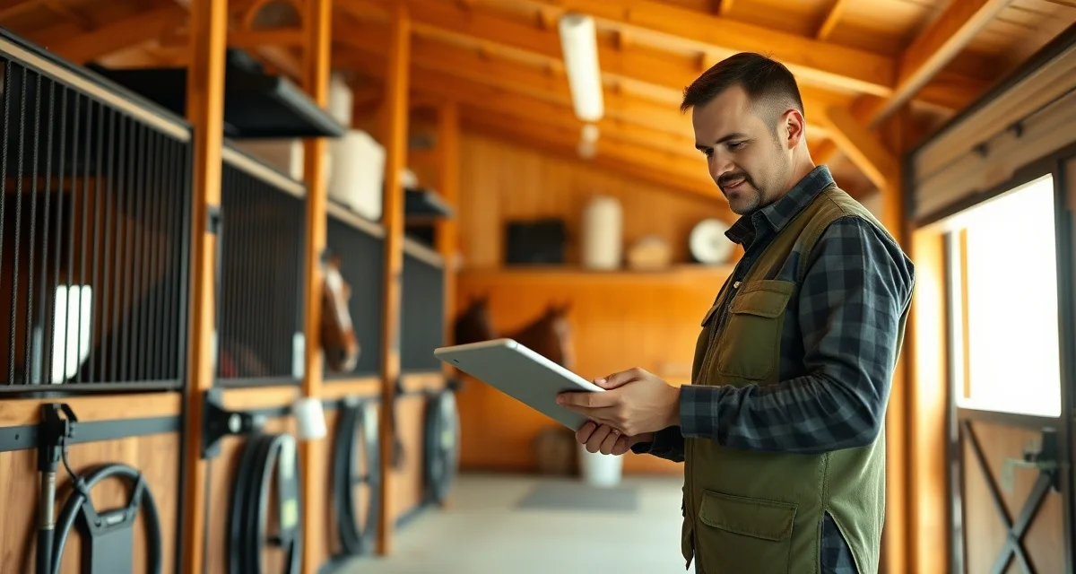 Barn manager using digital checklist system for staff role management in a professional horse stable setting.