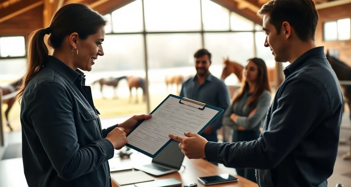 Barn manager implementing staff communication protocols with team members in stable management office setting