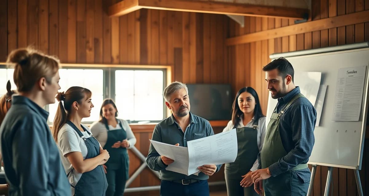 Equine facility manager discussing barn staff scheduling and task assignments with team members in stable office environment.