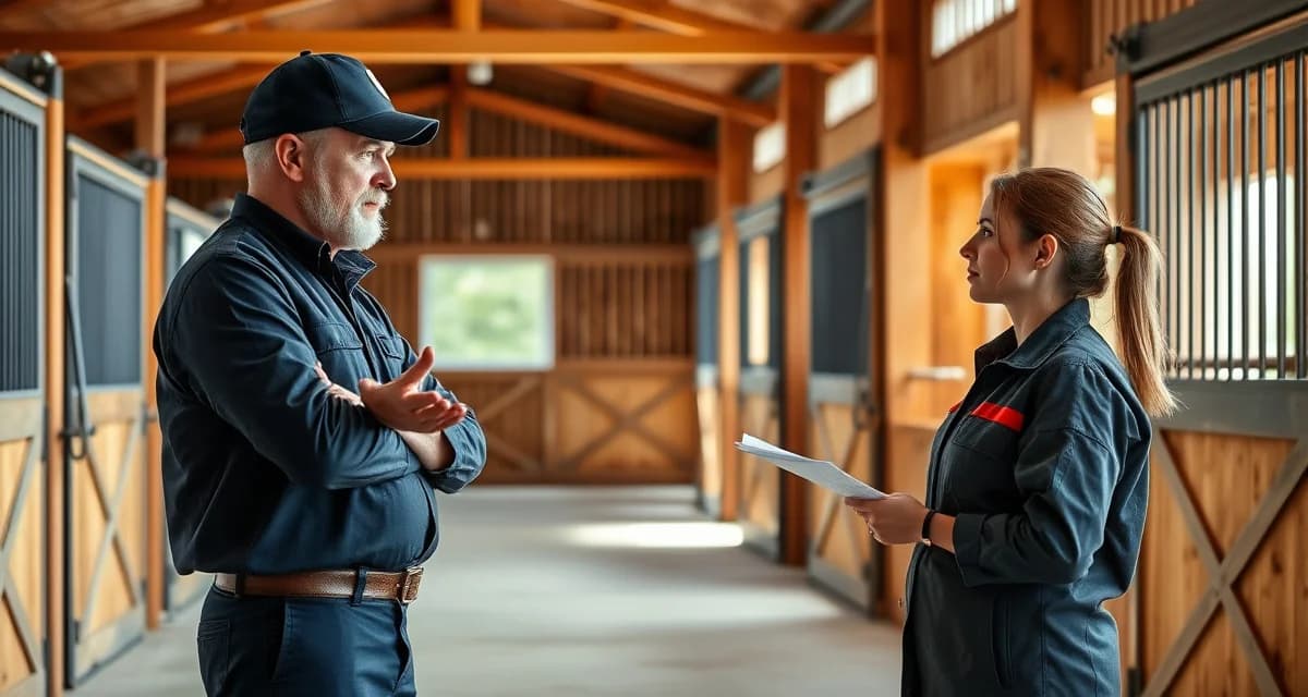 Experienced barn manager conducting structured onboarding training with new stable employee on proper horse care procedures and documentation.