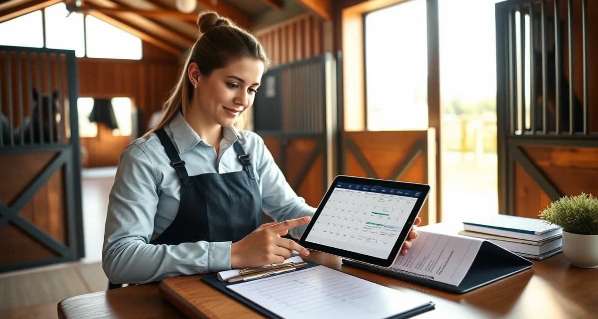 Horse barn staff scheduling management system displayed on tablet showing weekly shift coverage and employee assignments.
