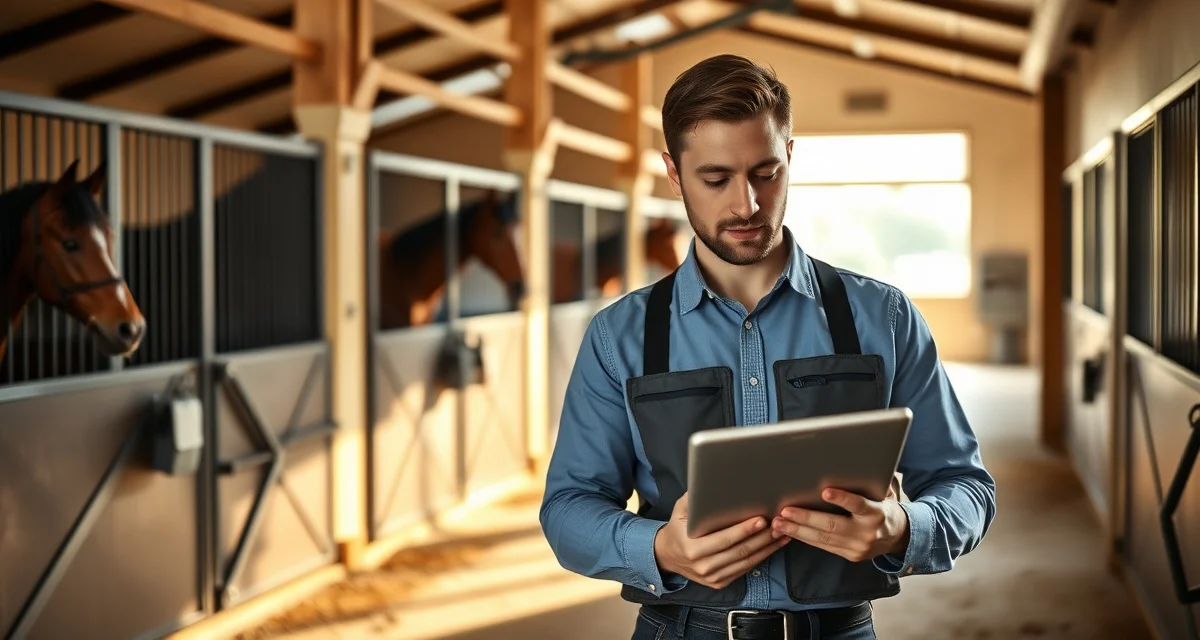 Barn manager using staff task management software on tablet to organize daily horse care tasks and shift assignments