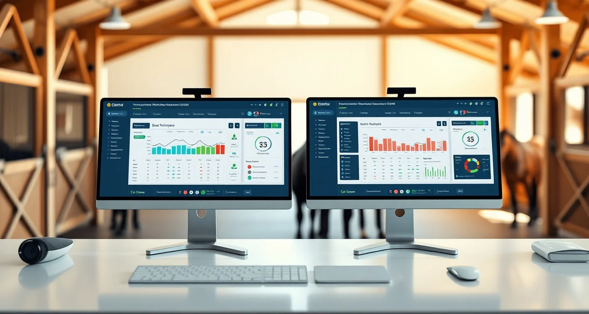 Side-by-side comparison of BarnBeacon and BarnManager barn management software interfaces for horse stable operations