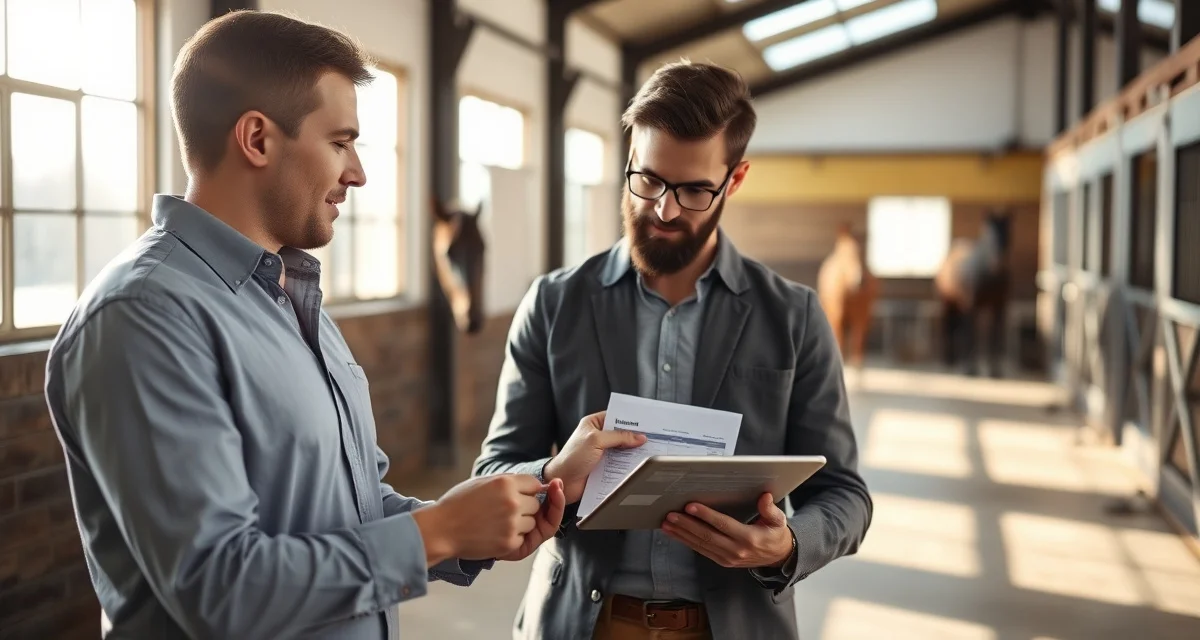 Horse barn manager analyzing BarnManager pricing structure and costs per horse on tablet in stable office