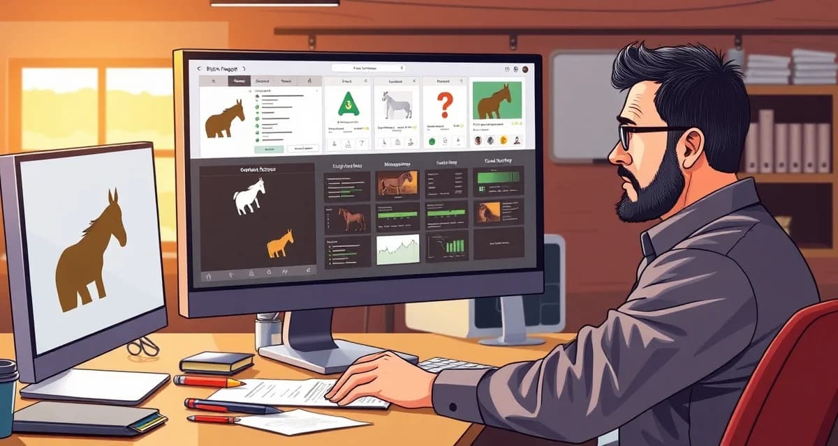 Frustrated horse barn manager reviewing BarnManager redesign problems on computer screen with confusing interface navigation