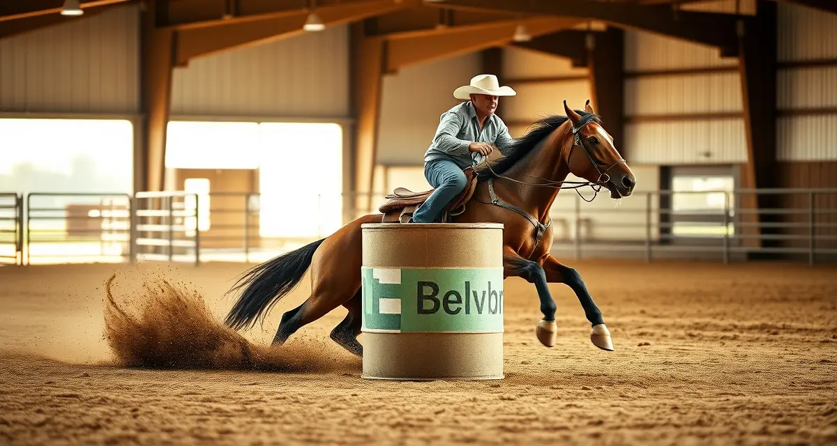 Barrel racing horse and rider executing a turn around a competition barrel in a professional arena facility.