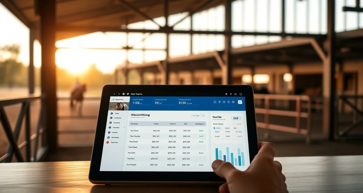 Barrel racing barn billing software dashboard showing haul fees, event charges, and invoice management for facility managers.