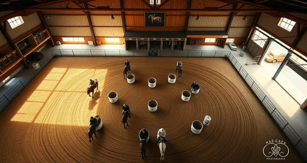 Modern barn facility with organized stalls and barrel racing arena, featuring digital management software dashboard integration for facility operations.