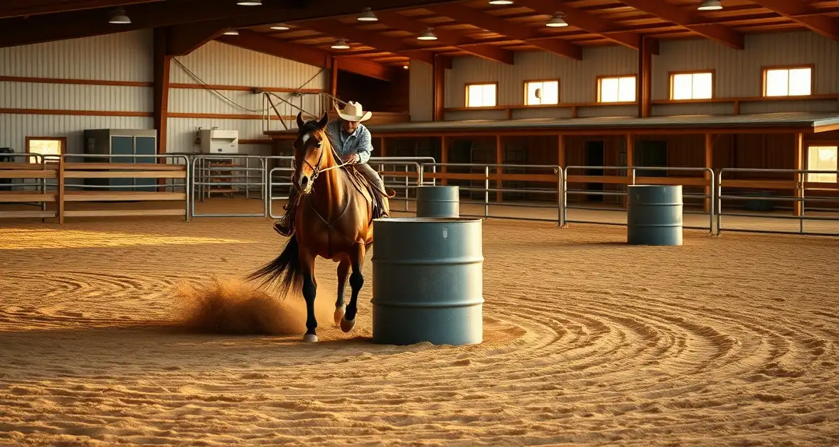 Barrel racing horse training in a professional arena with proper footing and organized facility layout for competitive barrel racing barn operations.