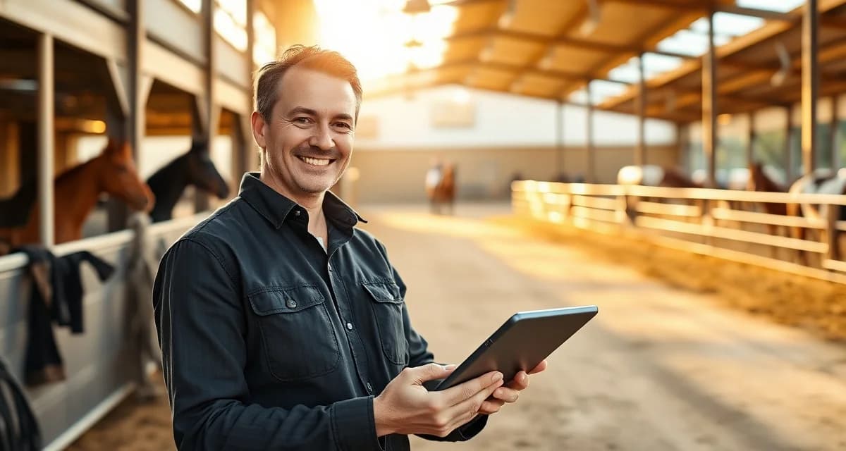 Barn manager using communication software to coordinate with barrel racing horse owners at a professional stable facility
