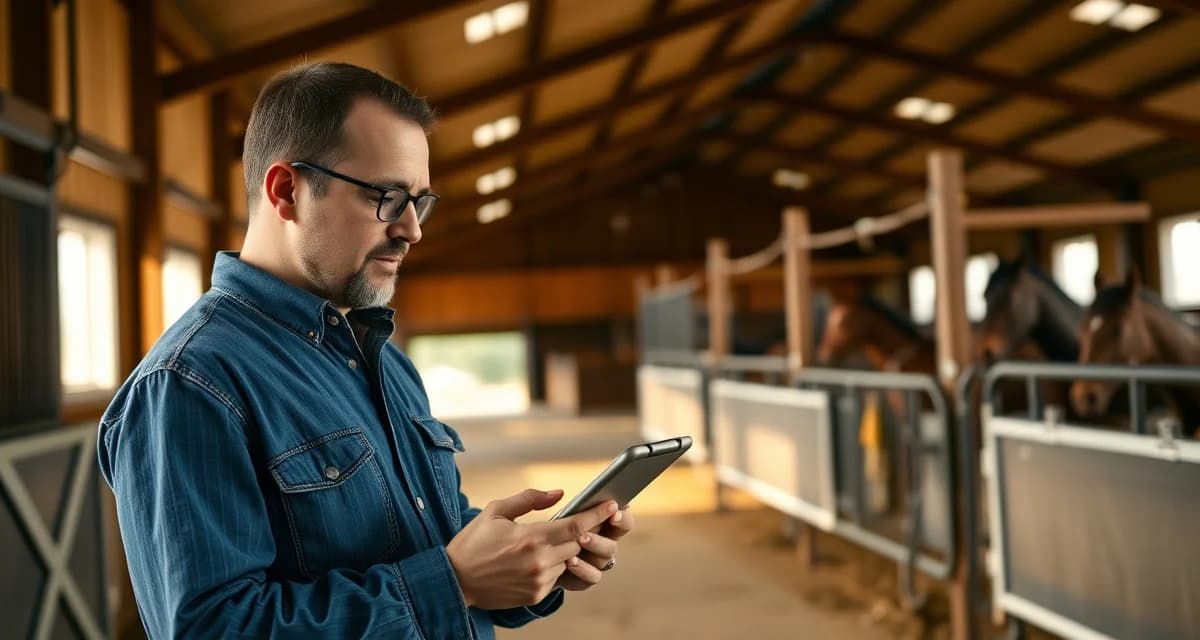 Barrel racing barn owner using communication software to coordinate owner updates and rodeo schedules on tablet in stable facility.