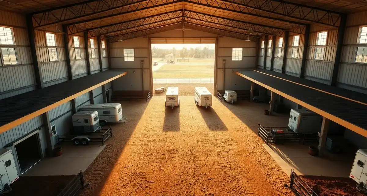 Modern barrel racing barn facility showing seasonal operations setup with arena, storage, and management infrastructure for year-round competition preparation.